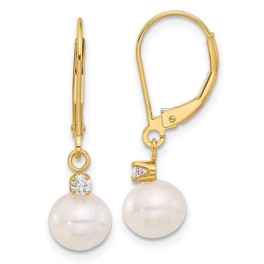 7-8mm FWC Pearl & Diamond Leverback Dangle Earrings