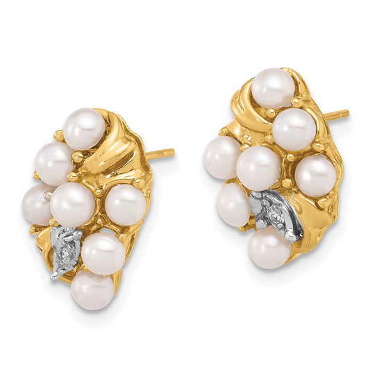 14k 3-4mm White Button Freshwater Cultured Pearl and .02 Carat Diamond Post Earrings