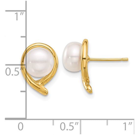 14K 7-8mm Button White Freshwater Cultured Pearl Post Earrings