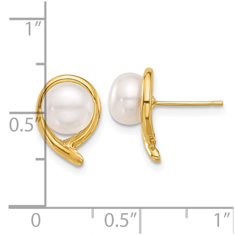 14K 7-8mm Button White Freshwater Cultured Pearl Post Earrings