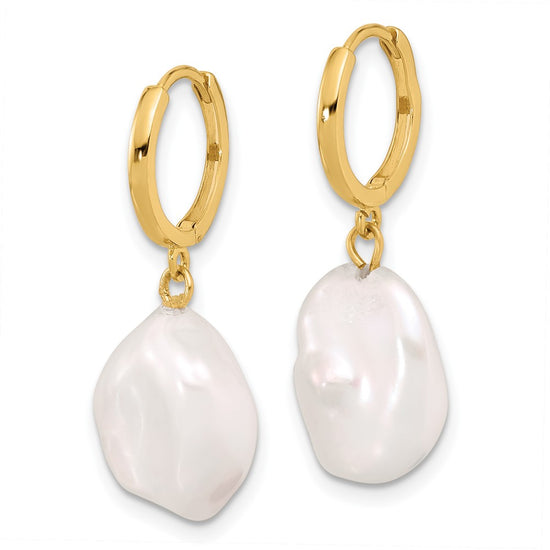 14K 11-12mm White Keshi Freshwater Cultured Pearl Dangle Hinged Hoop Earrings