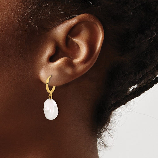 14K 11-12mm White Keshi Freshwater Cultured Pearl Dangle Hinged Hoop Earrings