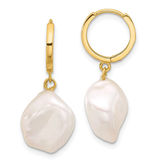 14K 11-12mm White Keshi Freshwater Cultured Pearl Dangle Hinged Hoop Earrings