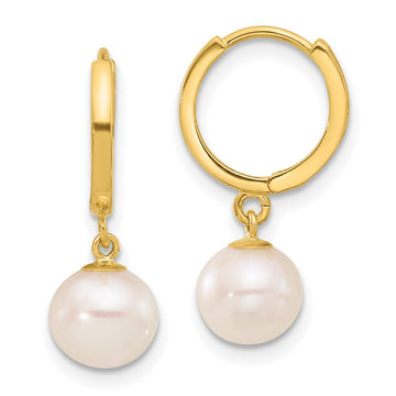 14k 7-8mm White Round Freshwater Cultured Pearl Dangle Hinged Hoop Earrings