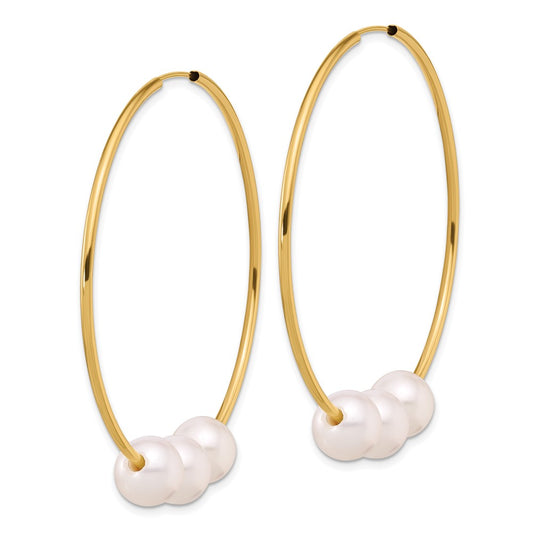 14K 8-9mm White Round Freshwater Cultured 3-Pearl Endless Hoop Earrings