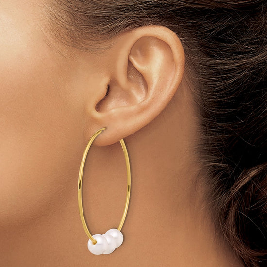 14K 8-9mm White Round Freshwater Cultured 3-Pearl Endless Hoop Earrings