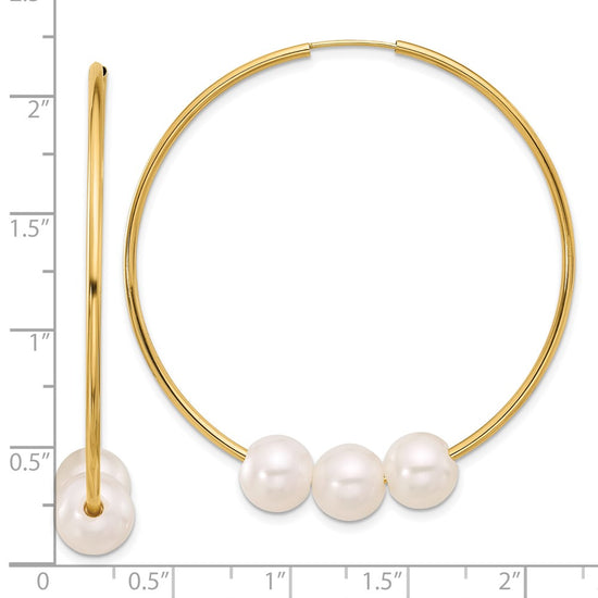 14K 8-9mm White Round Freshwater Cultured 3-Pearl Endless Hoop Earrings