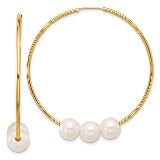 14K 8-9mm White Round Freshwater Cultured 3-Pearl Endless Hoop Earrings