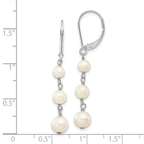 14k White Gold 4-6mm White Semi-Round Freshwater Cultured Pearl Dangle Leverback Earrings