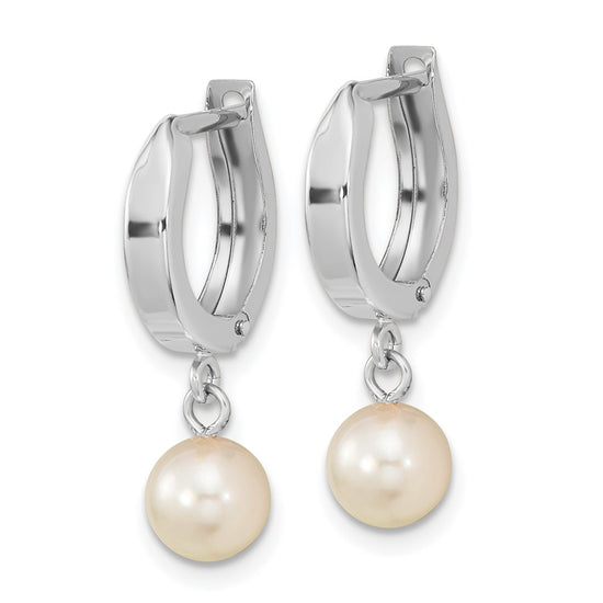 14k White Gold 6-7mm White Round Akoya Saltwater Cultured Pearl Dangle Hinged Hoop Earrings
