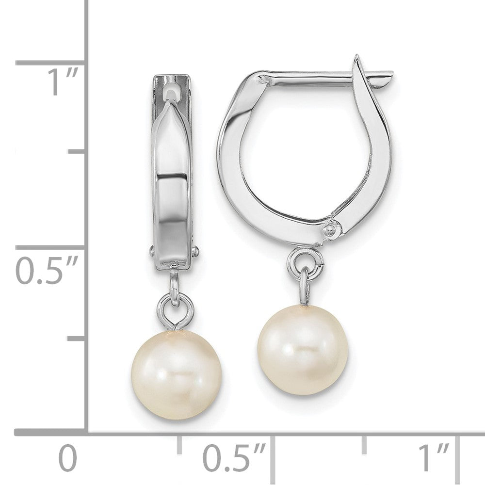 14k White Gold 6-7mm White Round Akoya Saltwater Cultured Pearl Dangle Hinged Hoop Earrings