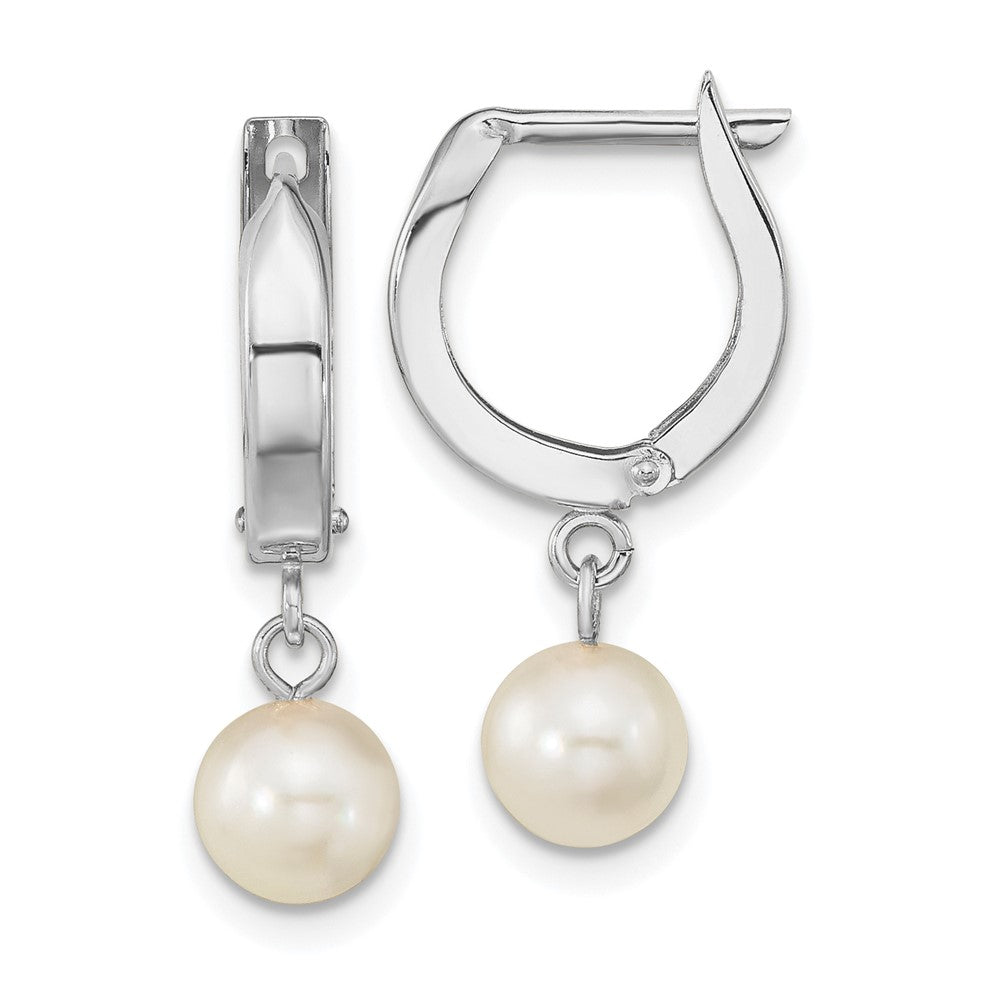 14k White Gold 6-7mm White Round Akoya Saltwater Cultured Pearl Dangle Hinged Hoop Earrings