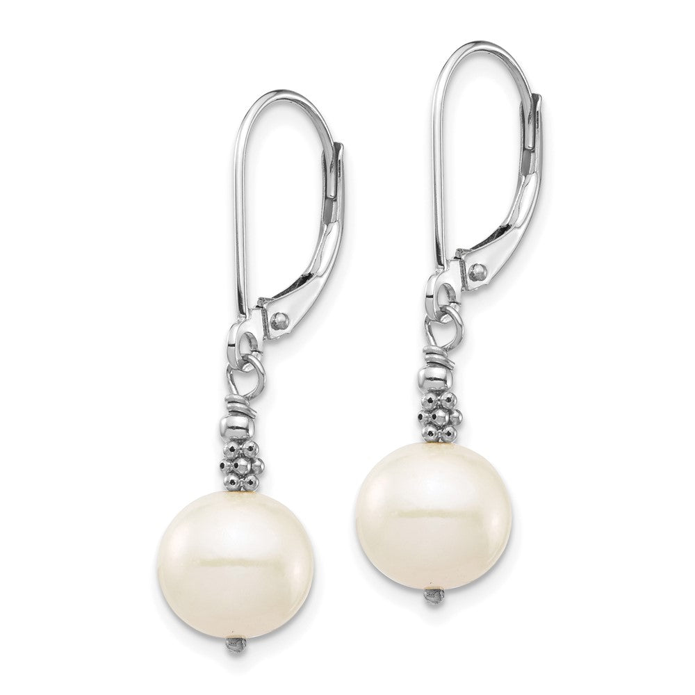14k White Gold 8-9mm White Near-Round Freshwater Cultured Pearl Dangle Leverback Earrings