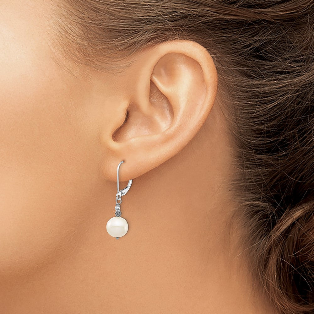 14k White Gold 8-9mm White Near-Round Freshwater Cultured Pearl Dangle Leverback Earrings