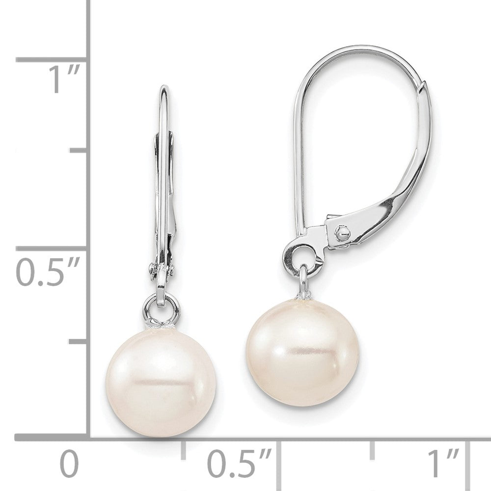 14k White Gold 7-8mm White Round Freshwater Cultured Pearl Dangle Leverback Earrings