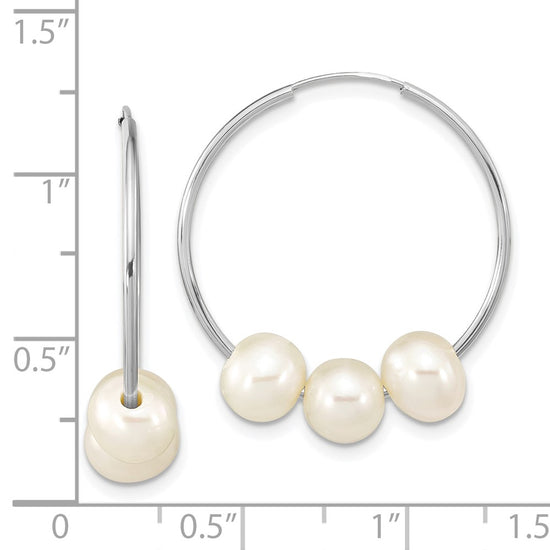 14k White Gold 6-7mm White Semi-Round Freshwater Cultured 3 Pearl Hoop Earrings