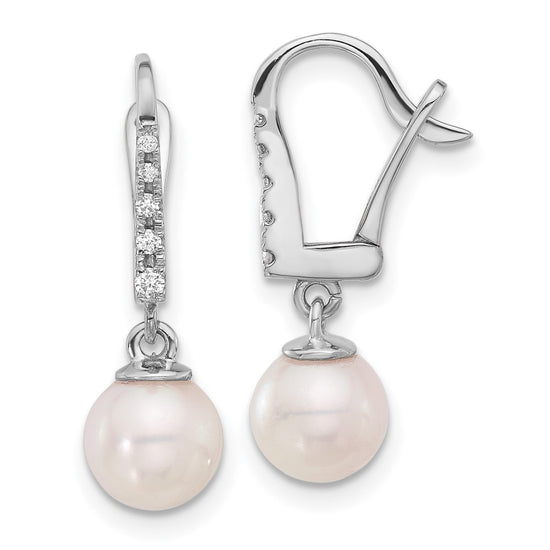 14k White Gold 6-7mm White Round Akoya Saltwater Cultured Pearl and .085 Carat Diamond Dangle Earrings
