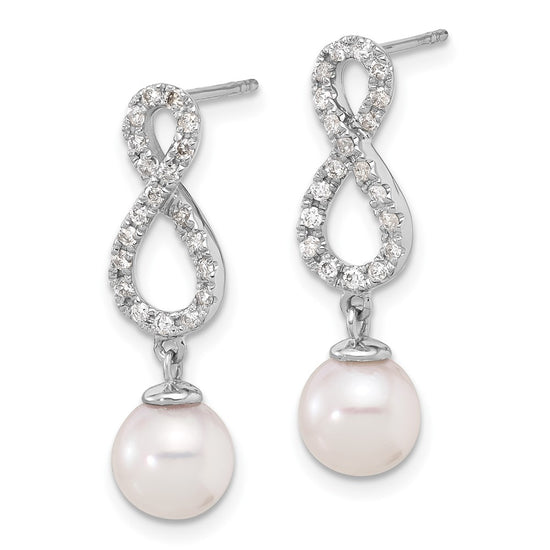 14k White Gold 7-8mm White Round Akoya Saltwater Cultured Pearl and .40 Carat Diamond Infinity Post Dangle Earrings