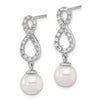 14k White Gold 7-8mm White Round Akoya Saltwater Cultured Pearl and .40 Carat Diamond Infinity Post Dangle Earrings