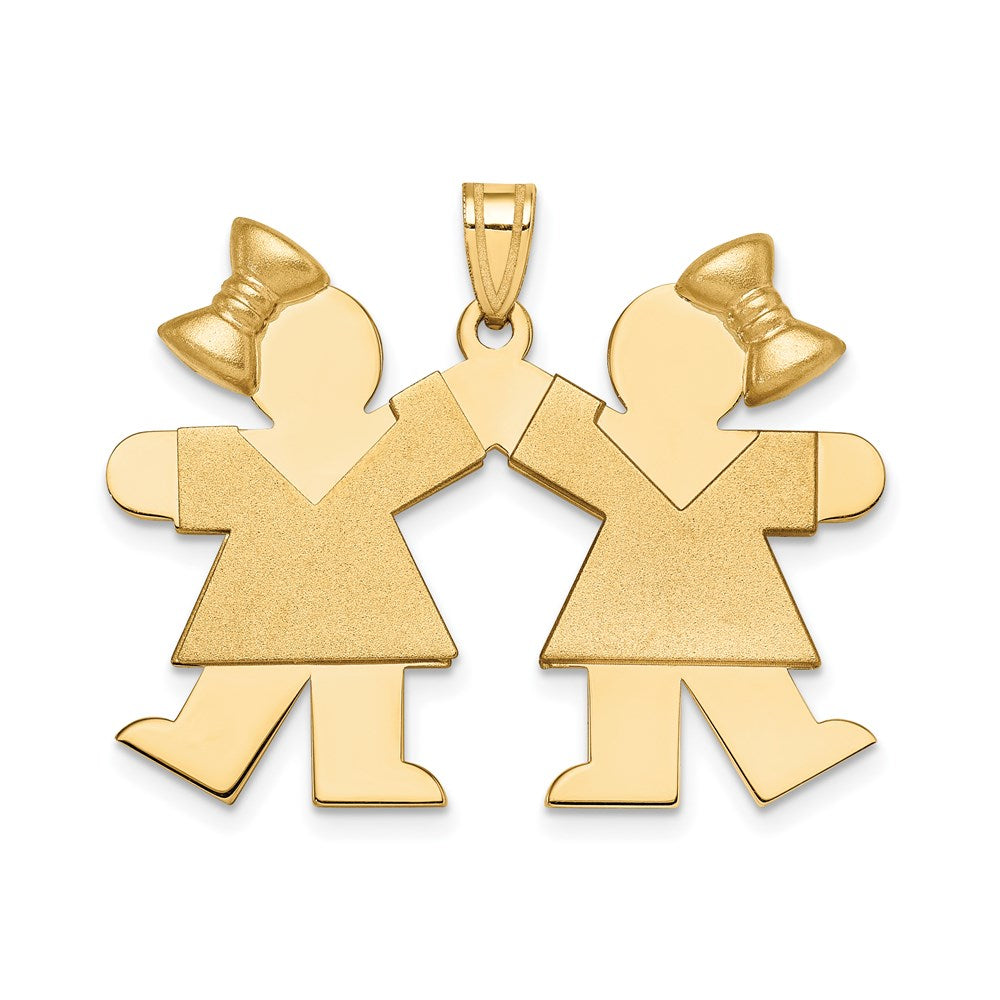 14k The Kids Solid Engravable Medium Double Girls with Bows Kiss Charm
