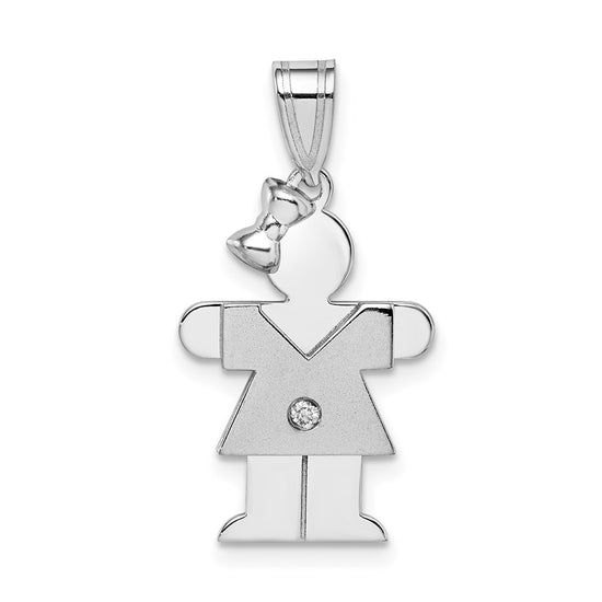 14k White Gold The Kids Small Girl with Bow on Left AA Diamond Hugs Charm