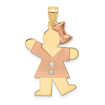 14k Two-tone The Kids Medium Girl with Bow on Right AA Diamond Kiss Pendant