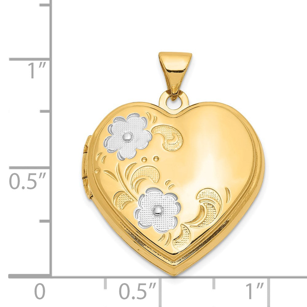 14k with White Rhodium Floral 21mm Heart Locket