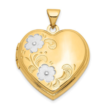 14k with White Rhodium Floral 21mm Heart Locket