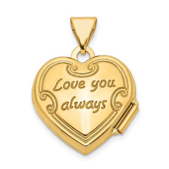 14k Polished Floral Reverses to LOVE YOU ALWAYS Script 15mm Heart Locket