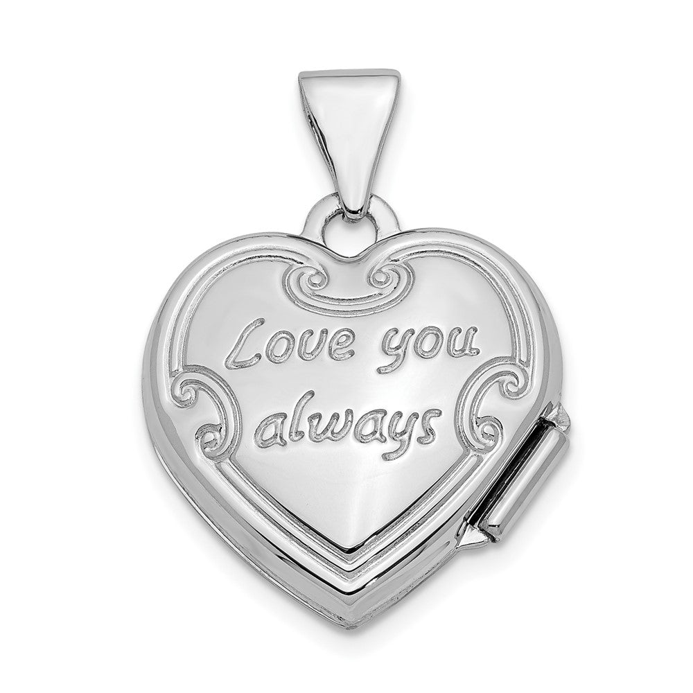 14k White Gold Polished Floral Reverses to LOVE YOU ALWAYS Script 15mm Heart Locket
