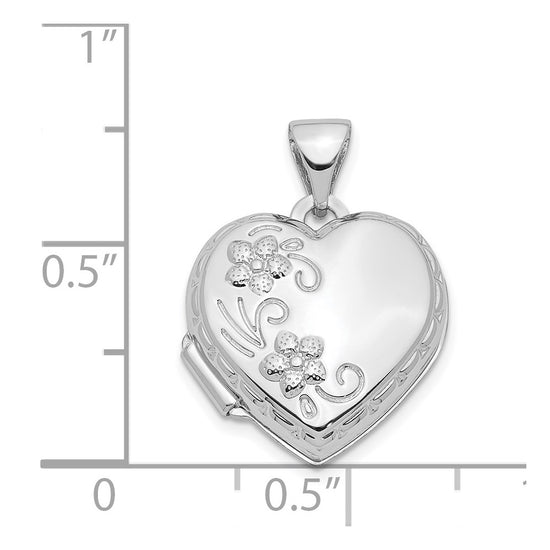 14k White Gold Polished Floral Reverses to LOVE YOU ALWAYS Script 15mm Heart Locket