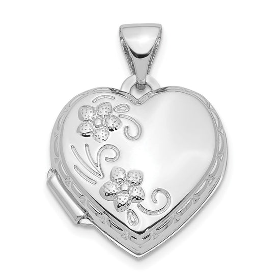 14k White Gold Polished Floral Reverses to LOVE YOU ALWAYS Script 15mm Heart Locket