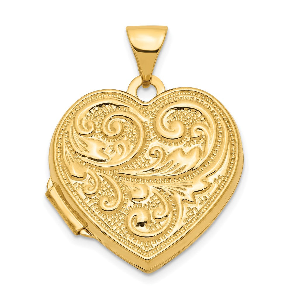 14k Scrolled Design Reverses to LOVE YOU ALWAYS Script 18mm Heart Locket