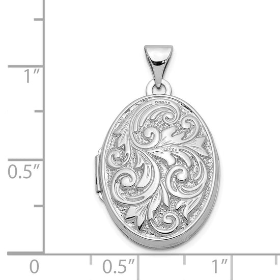 14k White Gold Polished Leaf Swirl Design with LOVE YOU ALWAYS on Reverse 21mm Oval Locket