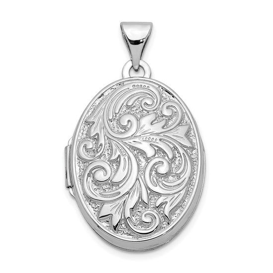 14k White Gold Polished Leaf Swirl Design with LOVE YOU ALWAYS on Reverse 21mm Oval Locket
