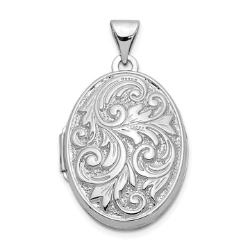 14k White Gold Polished Leaf Swirl Design with LOVE YOU ALWAYS on Reverse 21mm Oval Locket
