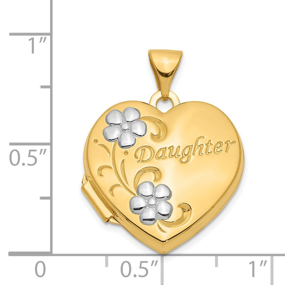 14k with White Rhodium DAUGHTER Script Floral 18mm Heart Locket