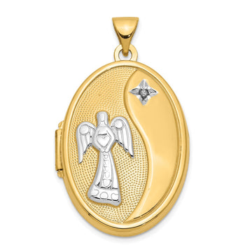 14k with White Rhodium Diamond Guardian Angel with Poem on Reverse 26mm Oval Family Locket