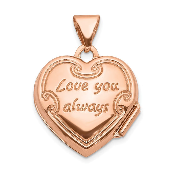 14k Rose Gold Floral Reverses to LOVE YOU ALWAYS Script 15mm Heart Locket