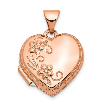 14k Rose Gold Floral Reverses to LOVE YOU ALWAYS Script 15mm Heart Locket