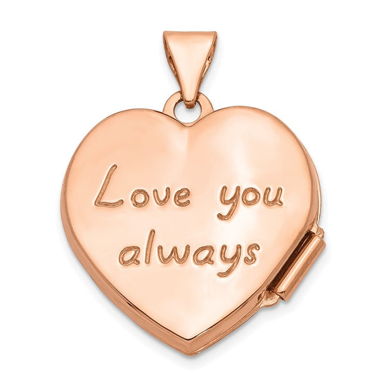 14k Rose Gold Scrolled Design Reverses to LOVE YOU ALWAYS Script 18mm Heart Locket