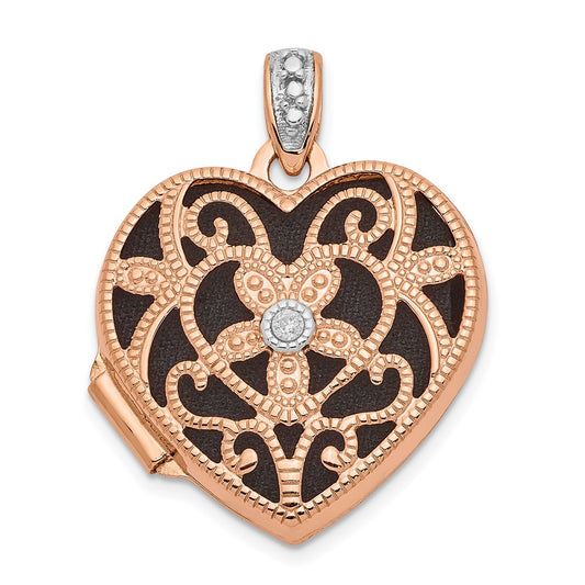 14k Rose Gold Diamond Vintage Filigree with Black Fabric Interior 18mm Heart Locket