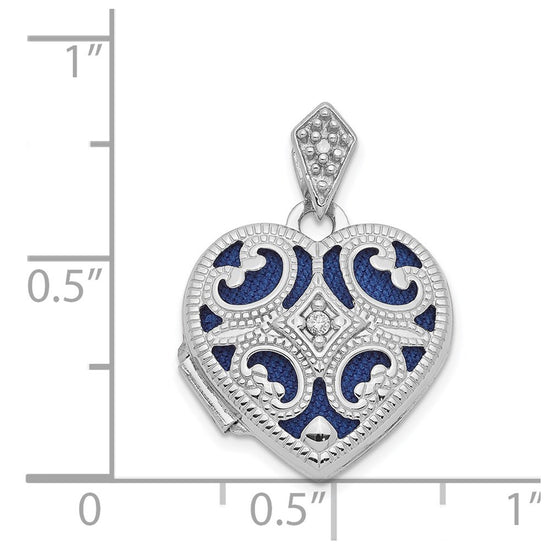 14k White Gold Diamond Vintage Filigree with Blue Fabric Interior 15mm Heart Locket
