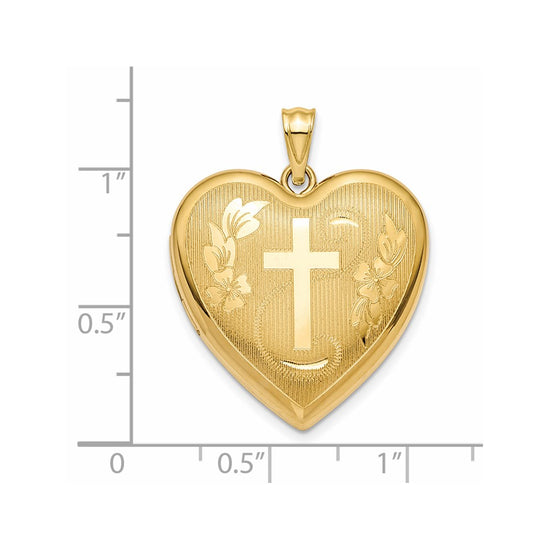 14k Textured and Diamond-cut Floral Cross Ash Holder 24mm Heart Locket