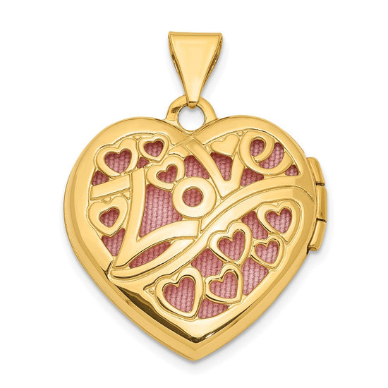 14k Heart Border Reverses to Cut-out LOVE with Pink Fabric Interior 19mm Heart Locket