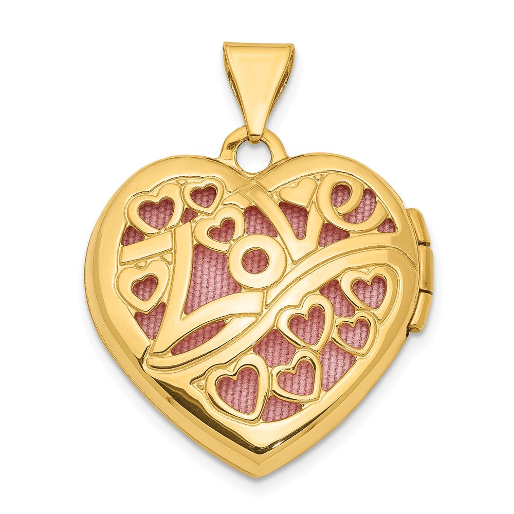 14k Heart Border Reverses to Cut-out LOVE with Pink Fabric Interior 19mm Heart Locket