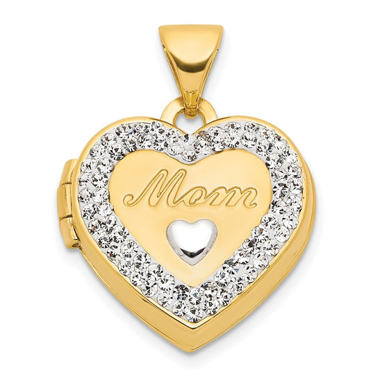 14K with White Rhodium Crystal MOM Script 16mm Heart Locket