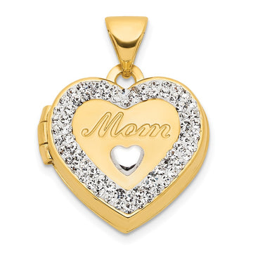 14K with White Rhodium Crystal MOM Script 16mm Heart Locket