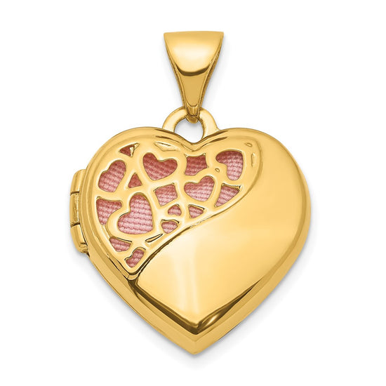 14K Hearts Cut Out with Pink Fabric Interior 16mm Heart Locket