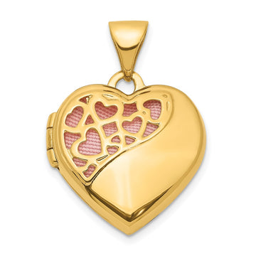 14K Hearts Cut Out with Pink Fabric Interior 16mm Heart Locket